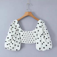 TRAFZA-Conjunto de falda con estampado de lunares para mujer, Top corto de manga corta con cuello cuadrado, falda con abertura de cintura alta, Vintage, Primavera, 2024 - details 13