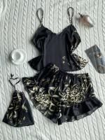 Moda verano, 3 piezas, camisola y pantalón corto, estampado floral de seda con bolso colgante, pijama de mujer, pijama de casa - details 8
