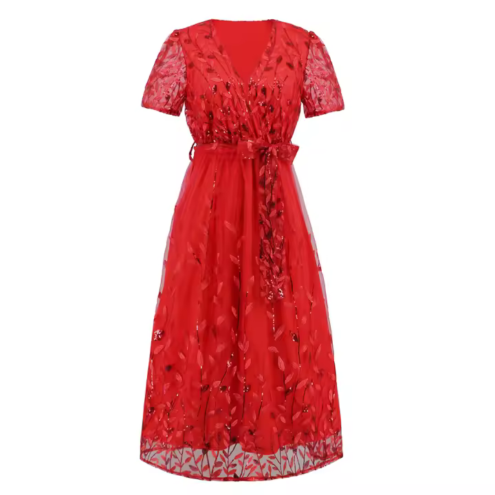 Vestido largo de fiesta de gasa de manga corta para mujer, vestido nupcial, rojo S - 1