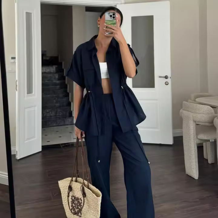Novedad de verano, moda informal para mujer, conjunto de dos piezas con bolsillo y cordón estilo Cargo, ropa de mujer - 1