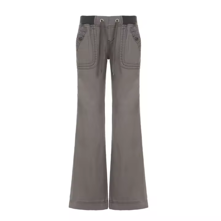 Pantalones de tejido con empalme acanalado de calle, pantalones anchos rectos con herramientas delgadas, pantalones vaqueros informales con correa - 1