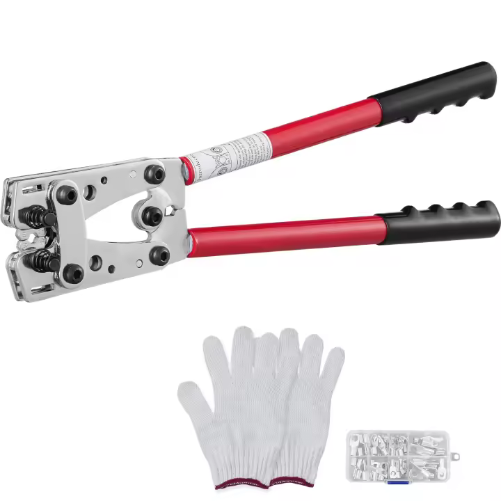 SucceBuy Herramienta de engarzado de terminales de cable de batería, engarzadora de terminales de 10-1/0 AWG con conectores de anillo de aluminio de 60 piezas, troqueles de engarzado de 6 tamaños de cable para terminales de cable de alta resistencia - 1