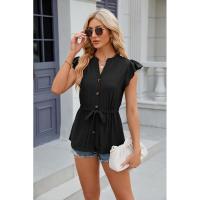 Camiseta holgada vintage para mujer con cuello en V sin mangas moda coreana botones de color sólido - details 19
