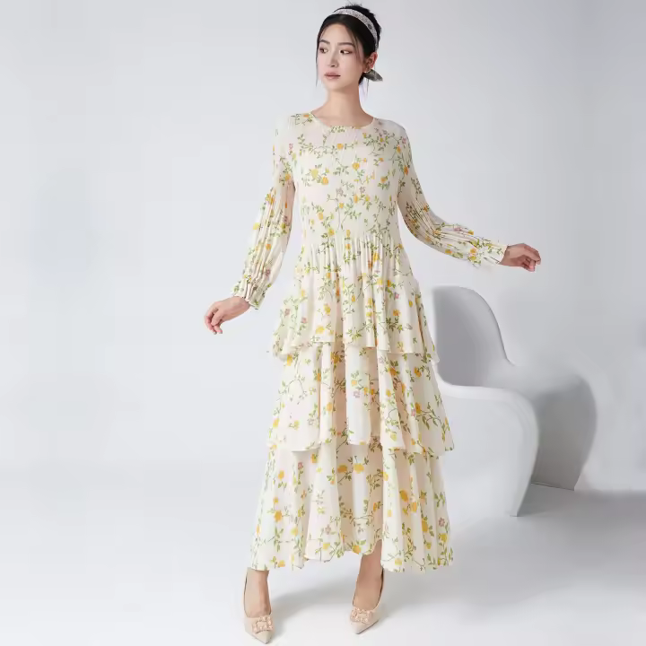 2025 Vestido de Primavera Otoño de Alta Calidad Floral Retro Manga Larga Linternas con Volantes Vestido Casual de Trabajo Talla - 1