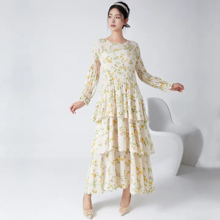 2025 Vestido de Primavera Otoño de Alta Calidad Floral Retro Manga Larga Linternas con Volantes Vestido Casual de Trabajo Talla - 1