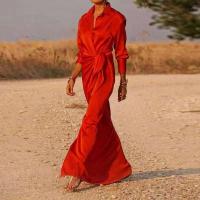 Vestidos largos ajustados elegantes de primavera para mujer, con cuello en V, solapa, manga larga, color liso, estilo casual de oficina. - details 1