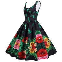 Women vintage spaghetti strap floral print high waist elegant sleeveless a-line party midi dress - details 18