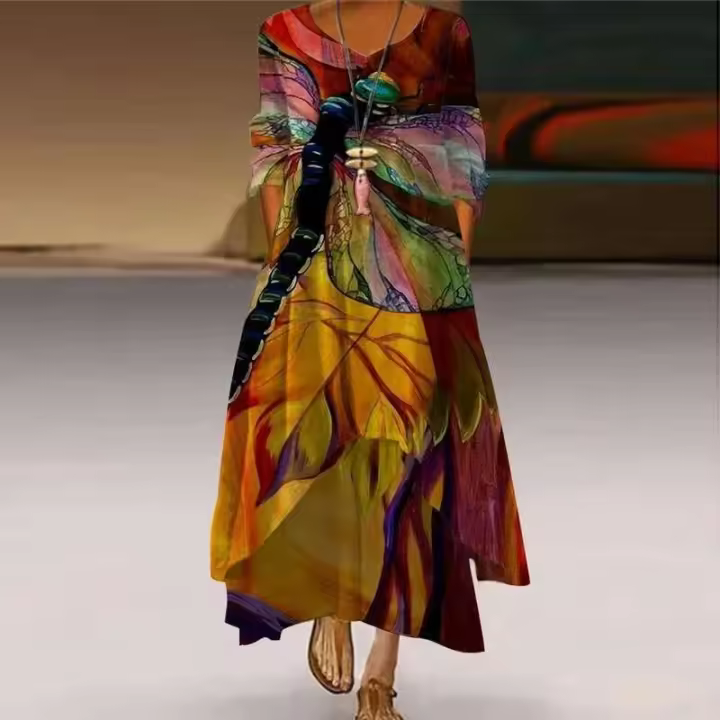 Vestidos de manga larga con cuello redondo Vintage a la moda con bolsillos informales para mujer vestido de fiesta bohemio holgado con estampado de primavera - 1