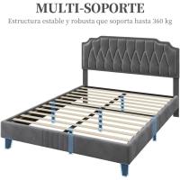 Marco de cama con cabecera tapizada, altura ajustable, soporte de láminas de madera y patas metálicas, color gris oscuro. - details 4