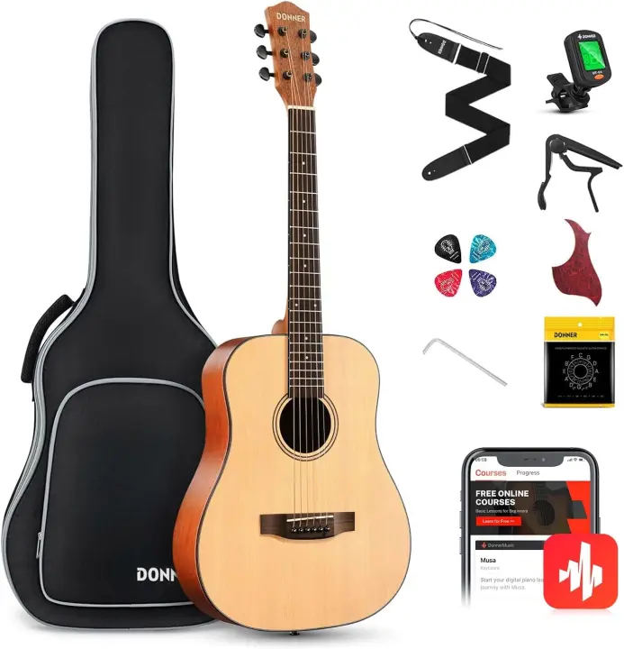 Guitarra Acústica 4/4 para Adulto Principiantes Guitarra Kit Cutaway 41 Pulgadas Dreadnought con con Afindar Cuerdas Capo Natural - 1