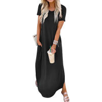 Vestido estilo camiseta con dobladillo curvado y cuello redondo con bolsillo liso para mujer, vestidos estilo francés para mujer, vestido largo informal y elegante de manga corta para verano, ropa de mujer para uso diario, vestidos de verano 2025 - details 4