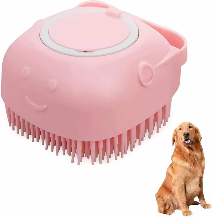 Cepillo de baño para perros y gatos, de silicona suave, de goma, para el cuidado de mascotas, dispensador de champú, cepillos para cachorros, gatos, ducha, aseo de pelo, limpieza, estropajo para perros de pelo corto, gatos, ducha, color rosa - 1