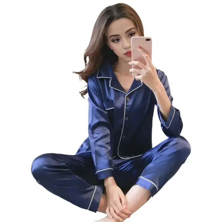 Conjunto de ropa de dormir holgada y elegante de seda para mujer, pantalones de cintura elástica de manga larga con botones, adecuado para la familia de todos - 1