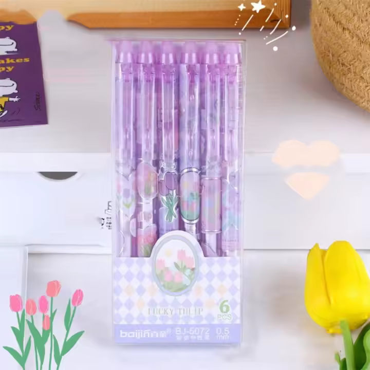 Bolígrafos de Gel borrables de tulipán, bolígrafo neutro para escritura de paisaje, bolígrafos de Gel de estilo coreano Kawaii con borradores, suministros escolares - 1