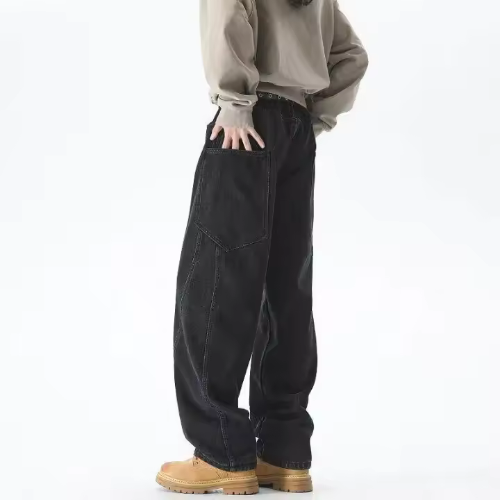 Nueva ropa de calle suelta doblada cuchillo Jeans hombres estilo coreano moda recta ancho dejar pantalones de las mujeres de los hombres negro azul pantalones de mezclilla - 1
