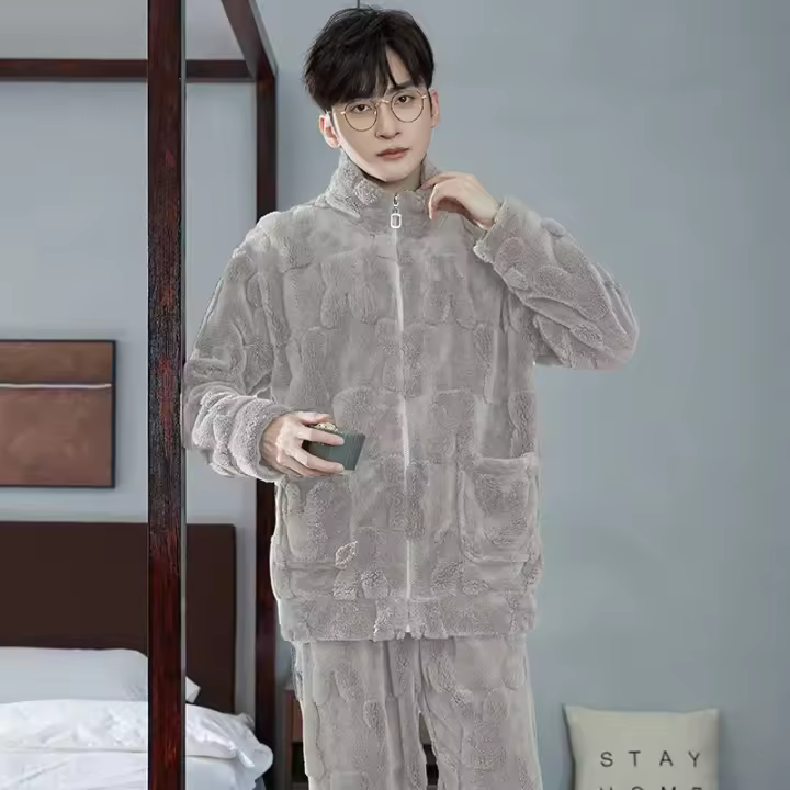 Pijama de hombre de terciopelo coral con cuello alto y mangas G, cómodo - 1