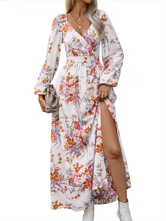 Vestidos elegantes de moda con cuello en V y manga larga divididos para mujer primavera otoño nuevo en vestido largo estético con flores para mujer caliente - 1