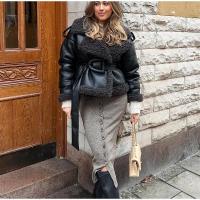 Chaqueta Larga de Lana de Oveja con Detalles de Parche Abrigo de Invierno Cálido con Cinturón y Bolsillo Moda Callejera Femenina 2024 - details 33