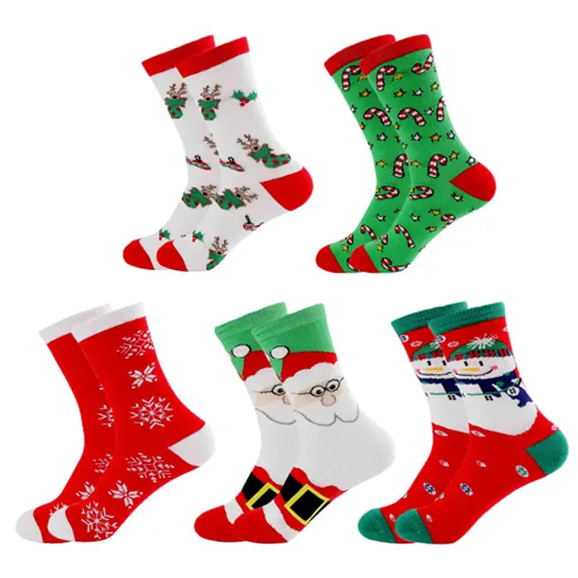 Calcetines de algodón con dibujos animados para hombre y mujer, medias divertidas de Papá Noel, alce, nieve, feliz invierno, regalo de Navidad, 5 pares - 1
