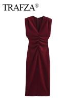 TRAFZA 2025 verano mujer moda tendencia vino rojo vestidos a media pierna ajustados mujer con plisado vestido de noche Vestidos - details 2