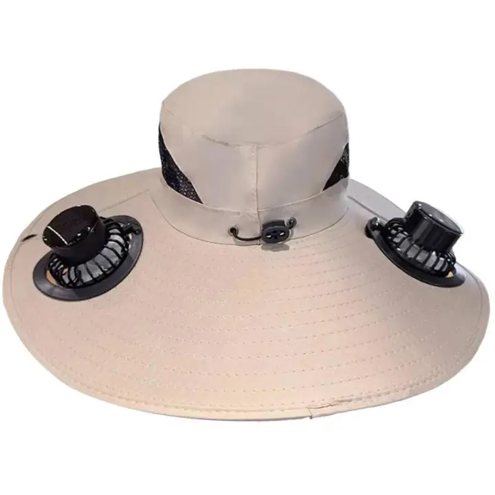 Sombrero de pesca con protección UV y ventilador solar de ala ancha, verano con 2 ventiladores extraíbles, sombrero con visera para deportes de playa al aire libre - 1
