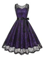 Vestido de Encaje con Cuello Redondo Retro de Ouwu Sin Mangas, Cinturón Enchufable, Estilo Vintage para Mujeres Perfecto para Fiesta de Halloween o Cumpleaños - details 9