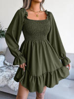 Vestido elegante de manga larga para mujer, falda de cuello cuadrado, de Color sólido vestido de volantes, moda de primavera y otoño - details 3