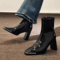 Tacones altos para mujer, medias botas de cuero negro brillante para mujer, zapatos de moda - details 21