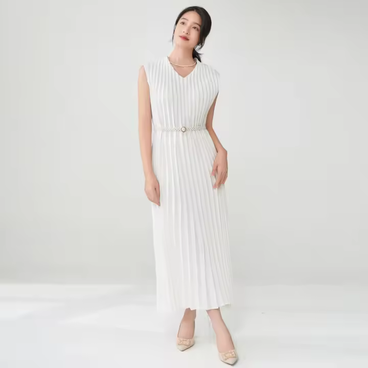Vestido plisado para mujer, verano, nuevo, suelto, cuello en V, falda de talla grande, temperamento elegante - 1