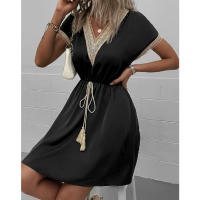 DamasVVestido midi de manga larga con ribete de encaje y cinturón de flecos - details 4
