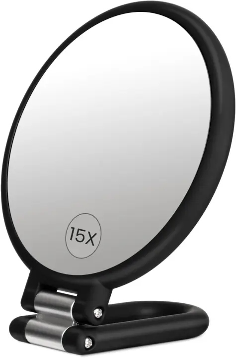 Espejo de mano con aumento de doble cara, espejo de mano 1X 15X con mango plegable de 360°, espejo de maquillaje de viaje portátil redondo - 1