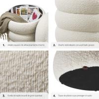 Taburete Almacenaje Bouclé, Carga: 120 kg, MDF, Puff Almacenaje, Taburete Dormitorio, Reposapies Puff, Zapatero Entrada Recibidor, Asiento Acolchado, Ideal Salón Hogar - 42 x 47 cm Crema - details 4