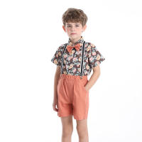 Traje de verano para niños, chaleco, camisa Floral de manga corta, pantalones cortos con tirantes, conjunto de tres piezas, traje Pastoral de moda - details 3