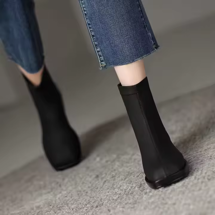 Botas cortas delgadas elásticas de punta cuadrada a juego de colores, botas individuales con cremallera y tacón grueso. - 1