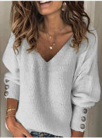 Suéter De Mujer Otoño Invierno V-Neck Basic Solido Mezclada Casual Frontera Manga Larga Pullover Ribbed Suave Elástico Coreano - details 5