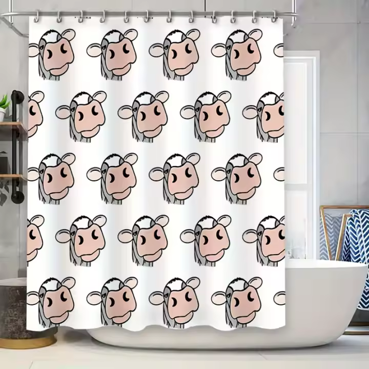 Cortina de ducha con estampado de animales Adorable, patrón de vaca blanca para decoración de baño, tela de poliéster, juego de borlas de baño impermeables - 1