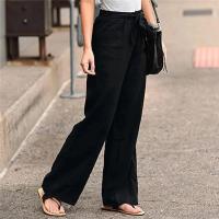 Pantalones de mujer Pantalones casuales con cordones de algodón y lino Pantalones de pierna con banda elástica Pantalones rectos de mujer - details 3