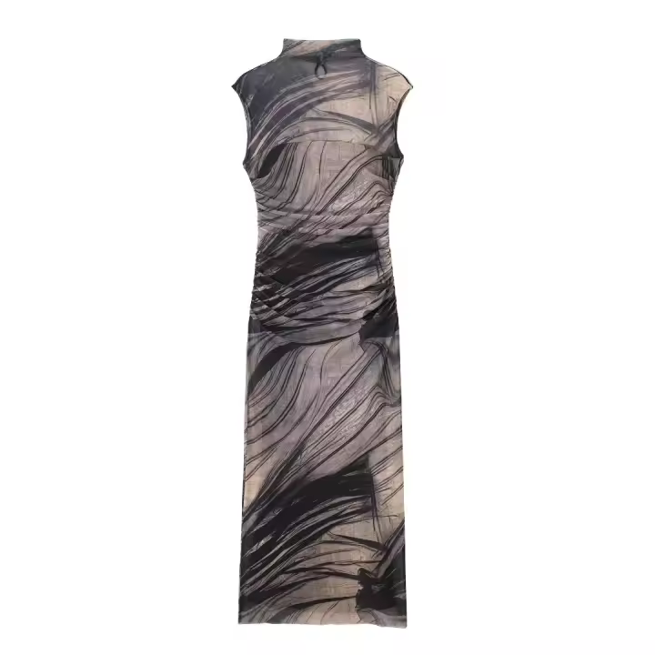 TRAFZA-Vestido largo plisado sin mangas para mujer, traje elegante con estampado de tul, ajustado, para otoño, 2023 - 1