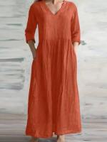 Vestidos sueltos de algodón de lino, novedad de primavera y otoño de 2024, vestido informal de media manga larga con cuello en V, vestido de estilo sencillo para mujer - details 4