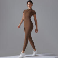 Body de yoga para mujer, ropa moldeadora deportiva de manga corta, traje de gimnasio de una pieza, nailon de color sólido - details 4