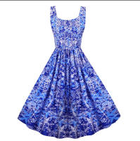 Women vintage spaghetti strap floral print high waist elegant sleeveless a-line party midi dress - details 71