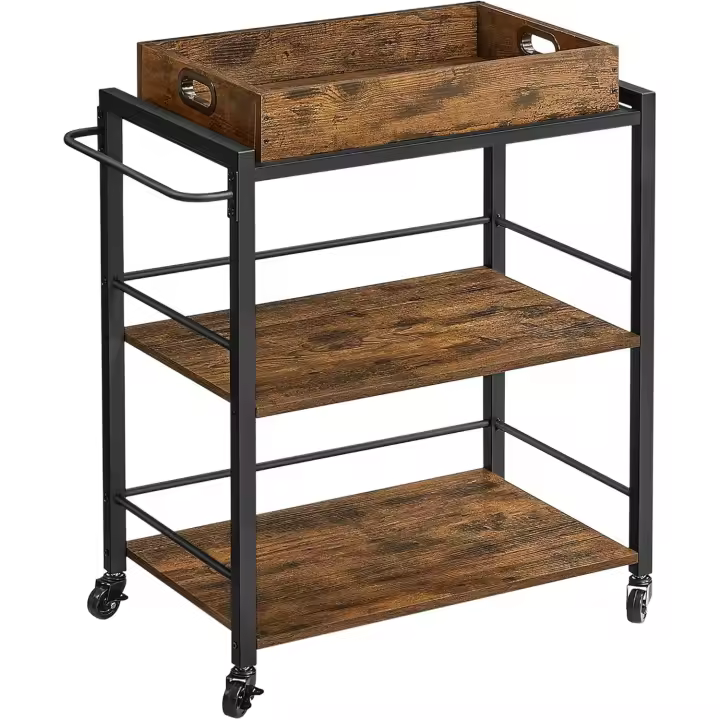 Carrito de Cocina, Carrito Auxiliar con Ruedas, con Bandeja Extraíble, Ruedas Universales, Marco de Acero, Estantería de Cocina, 40 x 72 x 86 cm, Marrón Rústico y Negro Tinta LRC72X - 1