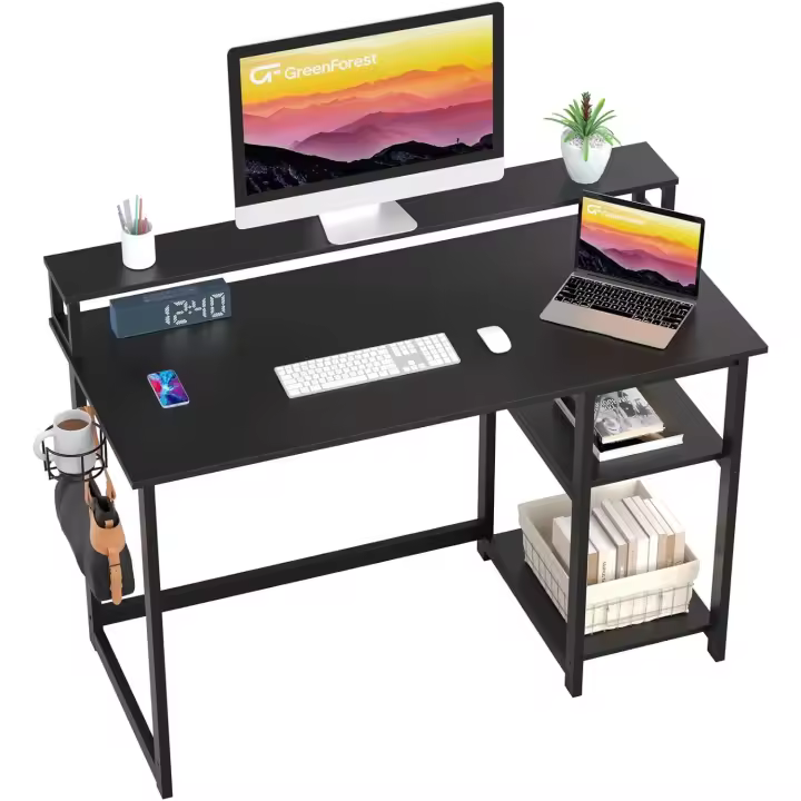 Ordenador con Soporte de Monitor, Escritorio de Oficina con Estantes de Almacenamiento Ajustables, Pequeño Escritorio Reversible para el Estudio, Blanco - 1