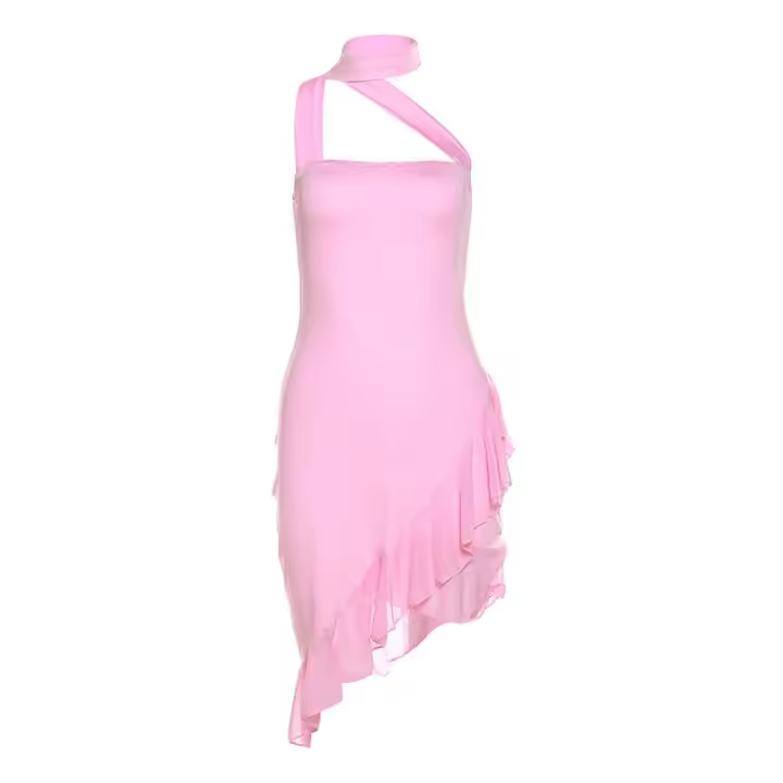 BUNO Vestido asimétrico con cuello halter para mujer, minivestido liso sin mangas con hombros descubiertos y costuras, ropa de fiesta concisa - 1