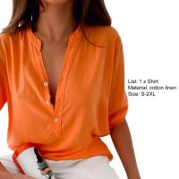 Verano Color Sólido, Cuello En V Levantado, Mangas Cortas, Botones, Camisa Casual, Blusa De Media Alfombra para Mujer Con Corte 3D - details 8