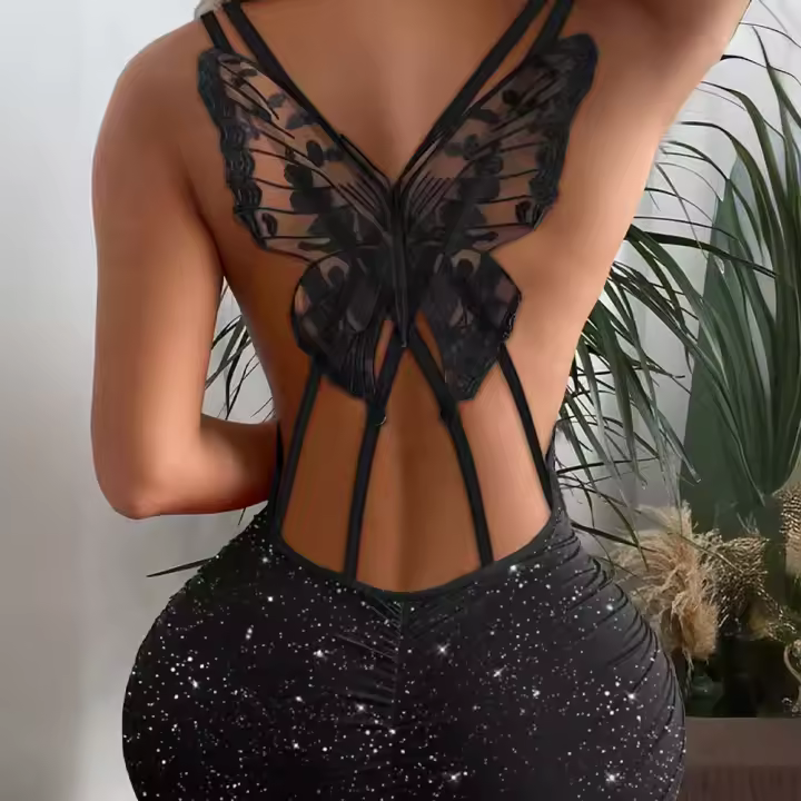 Vestido de mariposa elegante para mujer 2025, espalda transparente brillante, ajuste elástico, ideal para fiestas y noches especiales. - 1