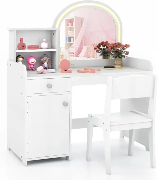 Tocador de Niña con Luces LED de 2 Colores, Set de Mesa de Tocador y Silla para Niños, Juego de Maquillaje con Estantes, Cajón y Armario, Espejo de Acrílico y Peine (Blanco) - 1
