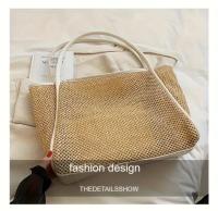 Bolso de hombro de paja de gran capacidad para mujer, textura de tejido natural, ribete de bloques de color, bolso de mano artístico de paja, perfecto para uso diario y salidas, disponible en 2 colores - details 2