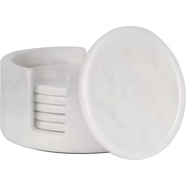 Radicaln Juego de 6 posavasos de mármol para bebidas de 3.5 pulgadas, color blanco, hechos a mano, redondos, con soporte, posavasos para mesa de café, juego de 6 posavasos para oficina en casa - 1