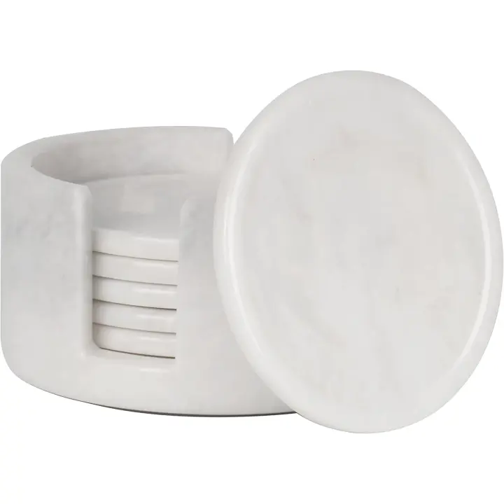 Radicaln Juego de 6 posavasos de mármol para bebidas de 3.5 pulgadas, color blanco, hechos a mano, redondos, con soporte, posavasos para mesa de café, juego de 6 posavasos para oficina en casa - 1